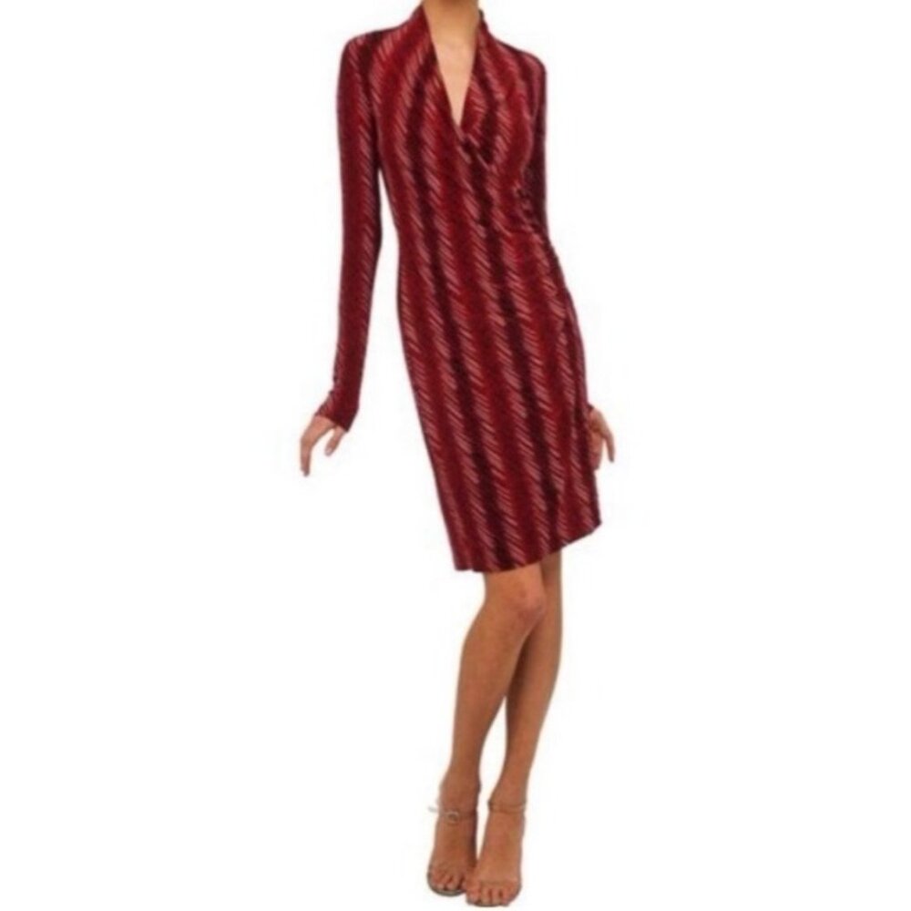 Norma Kamali Red & Black Print Faux Wrap Stretch Jersey Dress Size Small